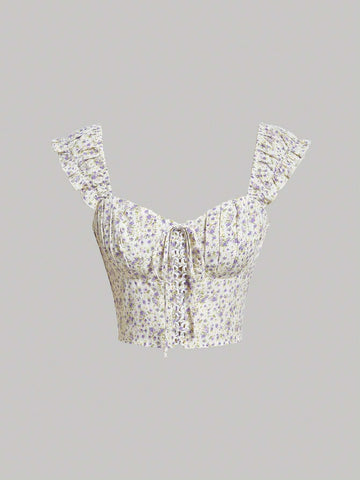 Ditsy Floral Print Lace Up Front Crop Blouse