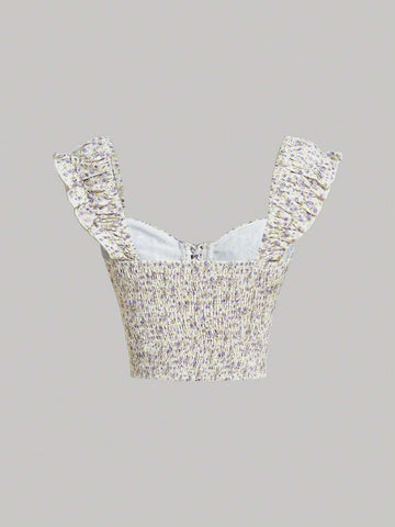 Ditsy Floral Print Lace Up Front Crop Blouse