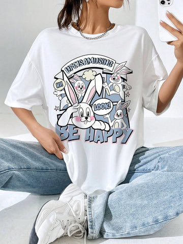 Rabbit And Letter Graphic Drop Shoulder Tee