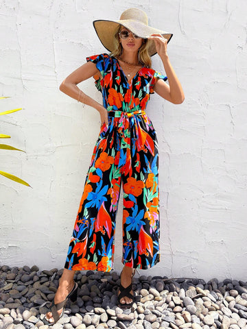 EMERY ROSE Allover Floral Print Butterfly Sleeve Belted Jumpsuit