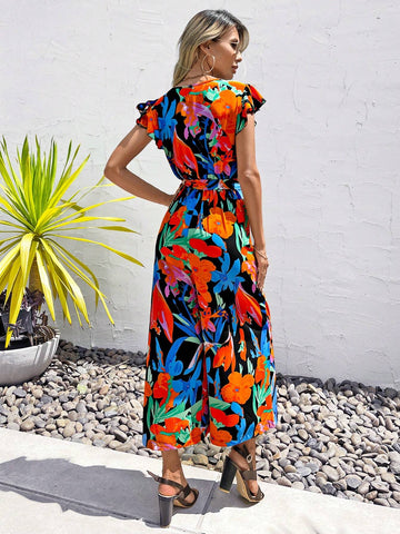 EMERY ROSE Allover Floral Print Butterfly Sleeve Belted Jumpsuit