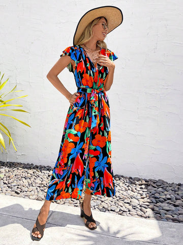 EMERY ROSE Allover Floral Print Butterfly Sleeve Belted Jumpsuit