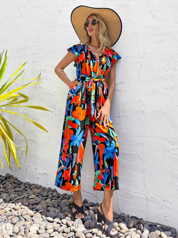 EMERY ROSE Allover Floral Print Butterfly Sleeve Belted Jumpsuit