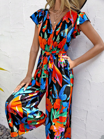 EMERY ROSE Allover Floral Print Butterfly Sleeve Belted Jumpsuit