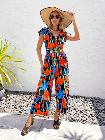 EMERY ROSE Allover Floral Print Butterfly Sleeve Belted Jumpsuit
