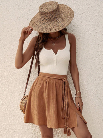 EMERY ROSE Solid Belted Flare Hem Skirt