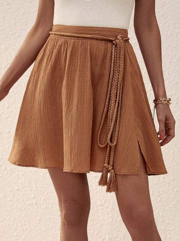 EMERY ROSE Solid Belted Flare Hem Skirt