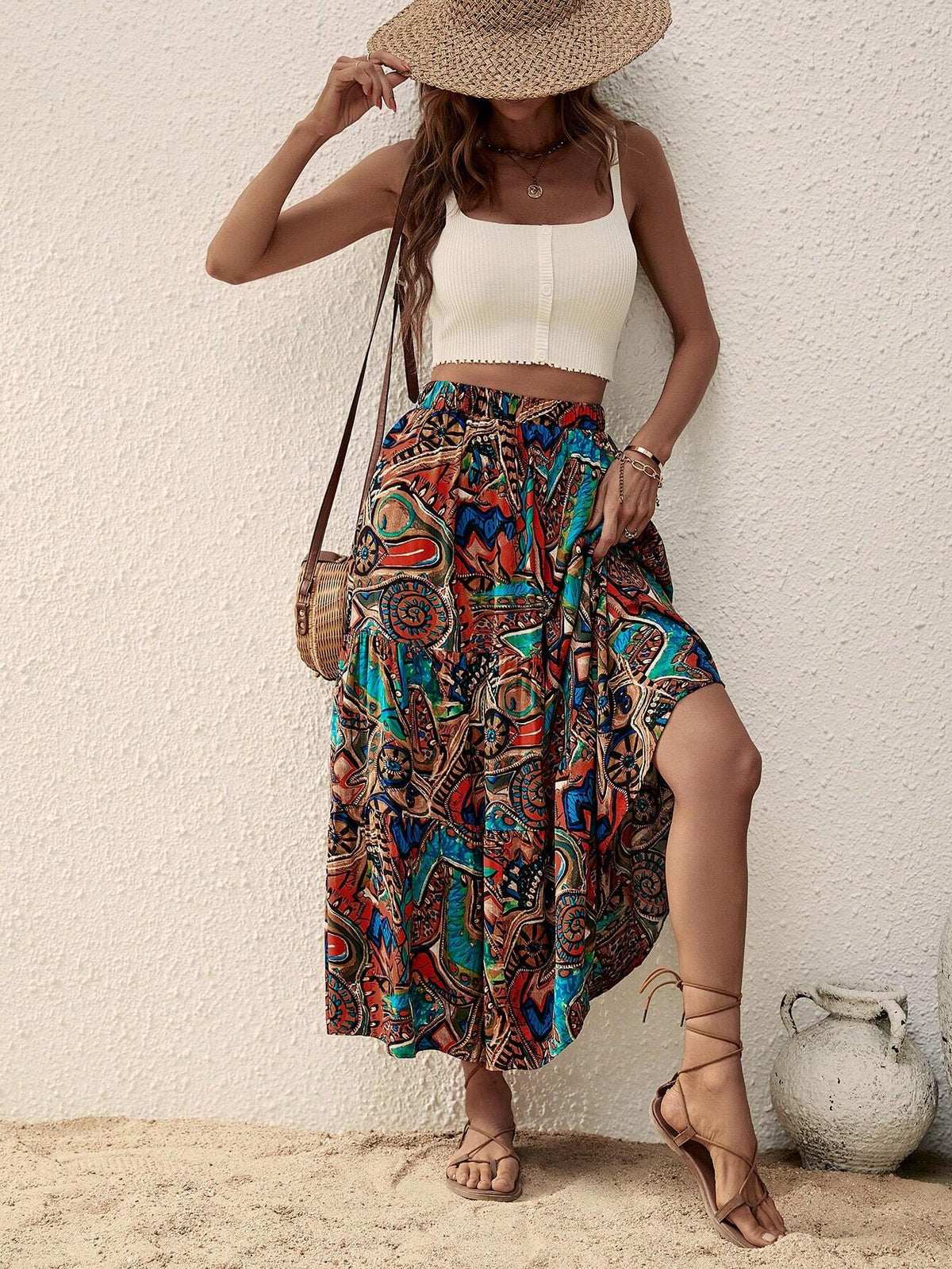 EMERY ROSE Allover Print Ruffle Hem Skirt