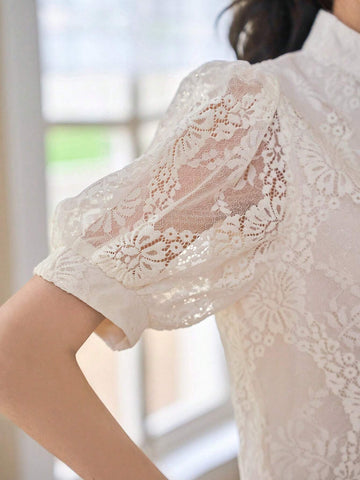 DAZY Mock Neck Puff Sleeve Lace Blouse
