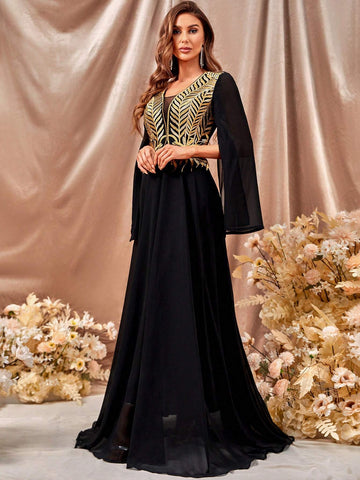 Floral Embroidery Cloak Sleeve Bridesmaid Dress