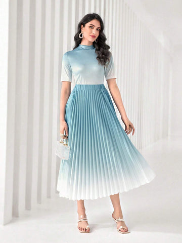 Ombre Mock Neck Tee & Pleated Skirt