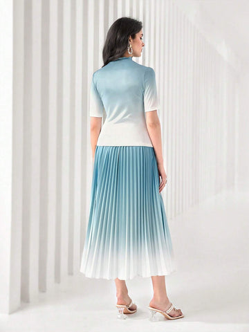 Ombre Mock Neck Tee & Pleated Skirt
