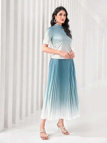 Ombre Mock Neck Tee & Pleated Skirt