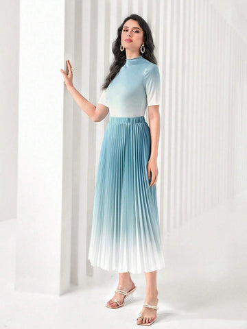 Ombre Mock Neck Tee & Pleated Skirt