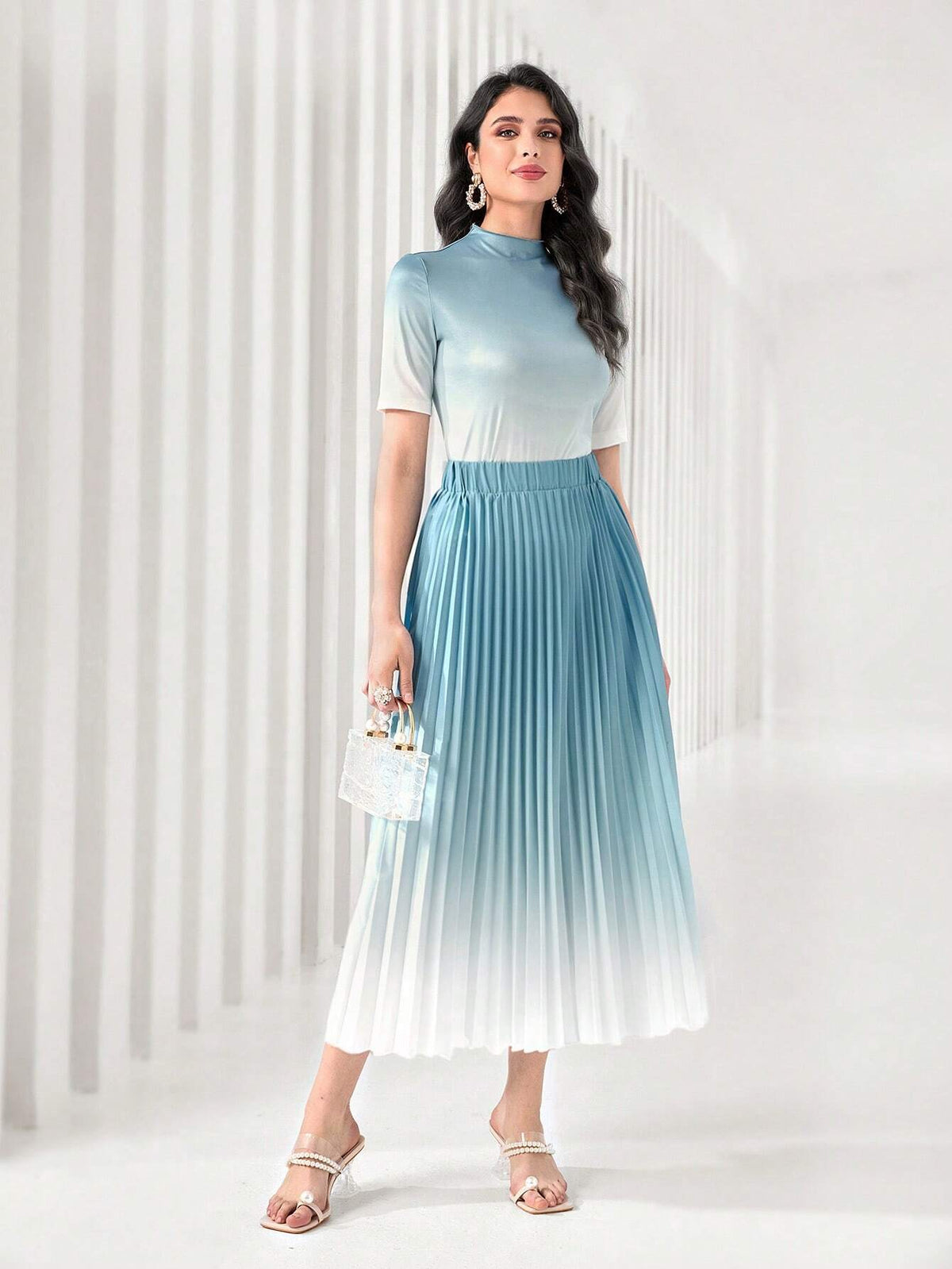 Ombre Mock Neck Tee & Pleated Skirt