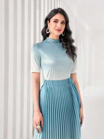 Ombre Mock Neck Tee & Pleated Skirt