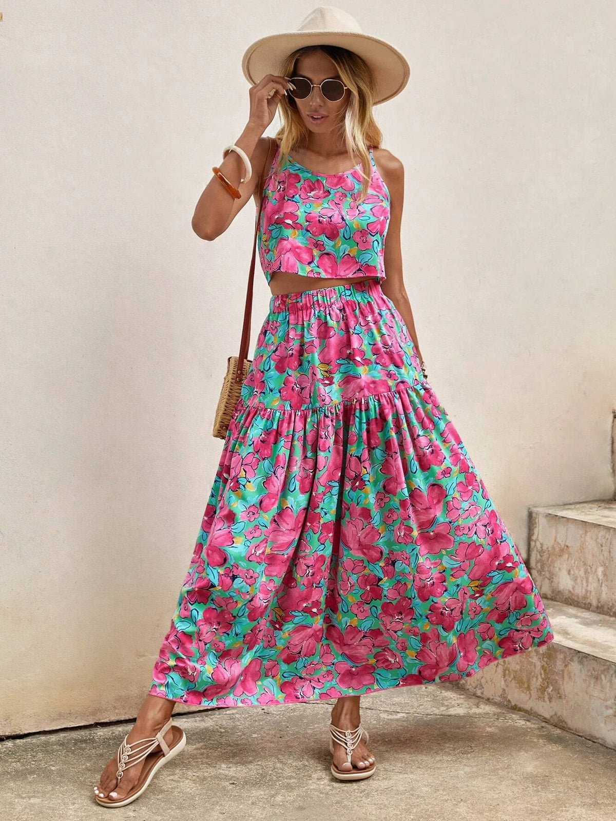 EMERY ROSE Allover Floral Print Cami Top & Split Thigh Ruffle Hem Skirt