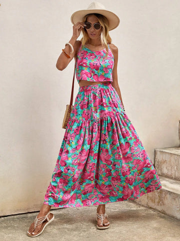 EMERY ROSE Allover Floral Print Cami Top & Split Thigh Ruffle Hem Skirt