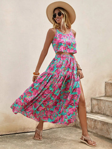 EMERY ROSE Allover Floral Print Cami Top & Split Thigh Ruffle Hem Skirt
