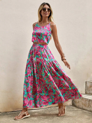 EMERY ROSE Allover Floral Print Cami Top & Split Thigh Ruffle Hem Skirt