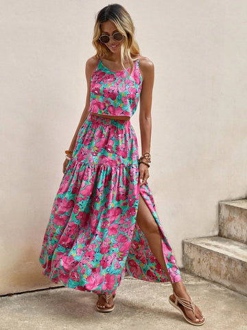 EMERY ROSE Allover Floral Print Cami Top & Split Thigh Ruffle Hem Skirt