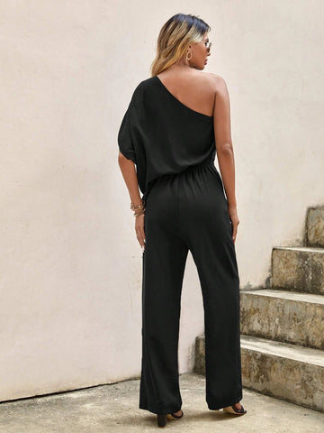 EMERY ROSE One Shoulder Ruffle Trim Jumpsuit