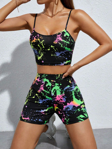 Splash Ink Print Cami Top & Biker Shorts