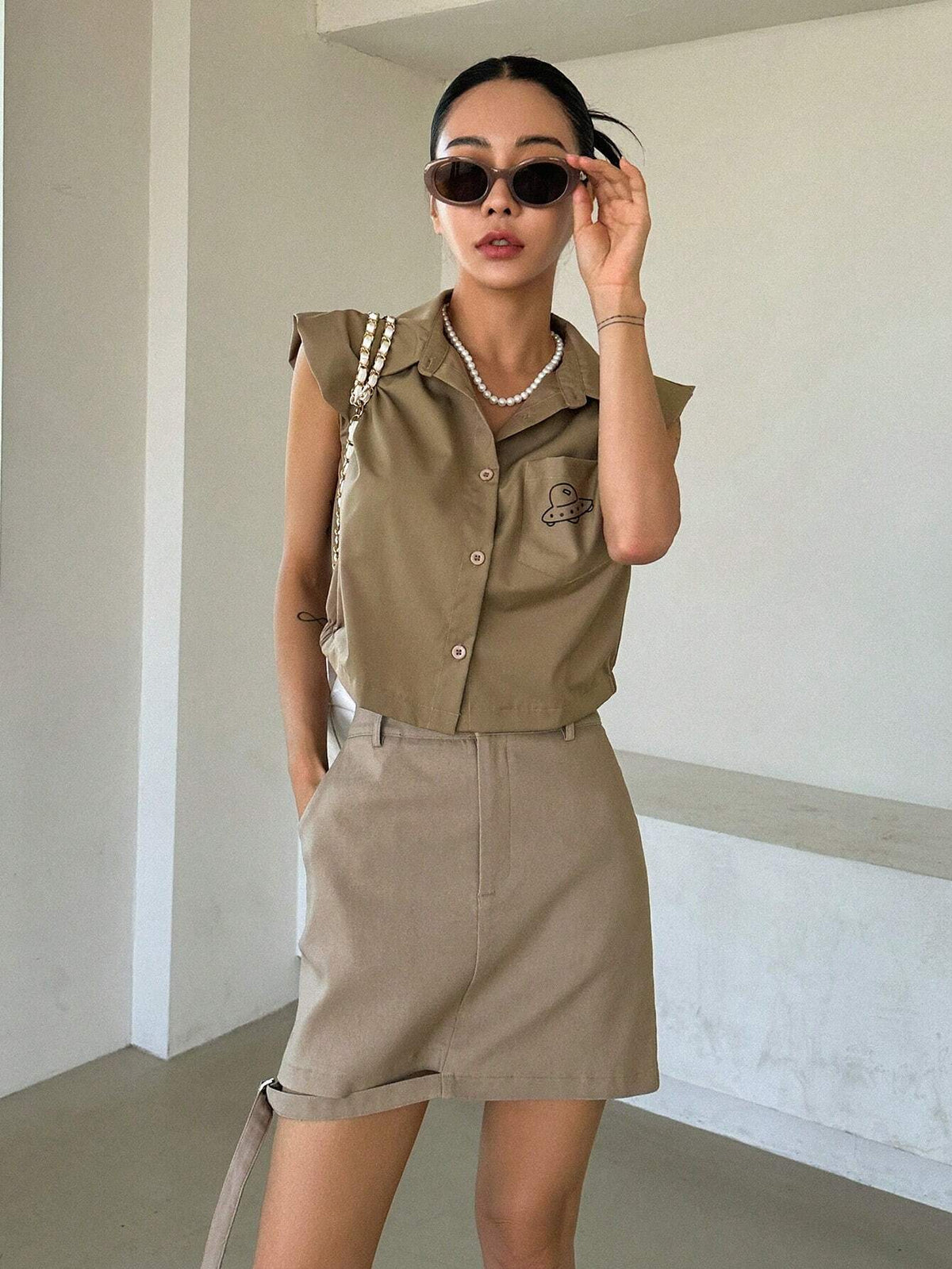 DAZY UFO Graphic Shoulder Pad Shirt & Skirt