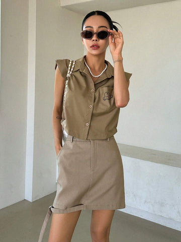 DAZY UFO Graphic Shoulder Pad Shirt & Skirt