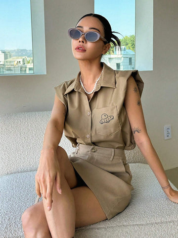 DAZY UFO Graphic Shoulder Pad Shirt & Skirt