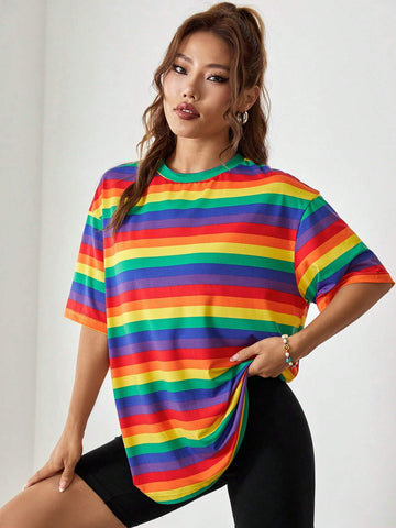 Rainbow Striped Drop Shoulder Tee
