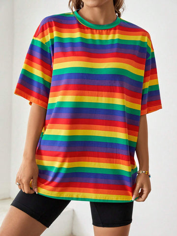 Rainbow Striped Drop Shoulder Tee