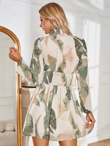 Graphic Print Mock Neck Puff Sleeve Dress