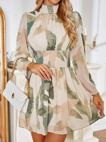 Graphic Print Mock Neck Puff Sleeve Dress