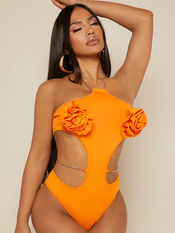 Halter Neck Cut Out Chain Detail Bodysuit