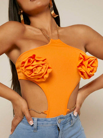 Halter Neck Cut Out Chain Detail Bodysuit