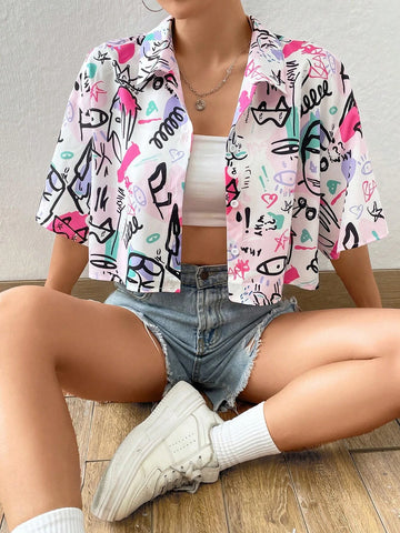 Graffiti Print Drop Shoulder Crop Shirt