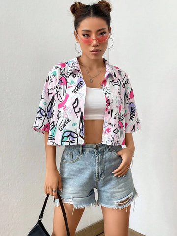 Graffiti Print Drop Shoulder Crop Shirt