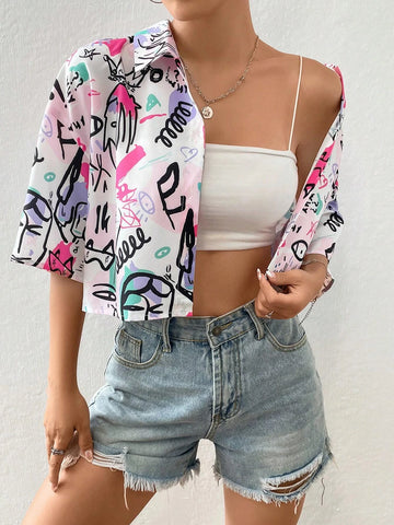 Graffiti Print Drop Shoulder Crop Shirt