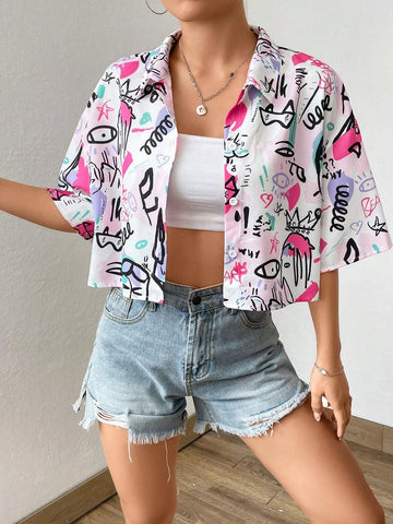 Graffiti Print Drop Shoulder Crop Shirt