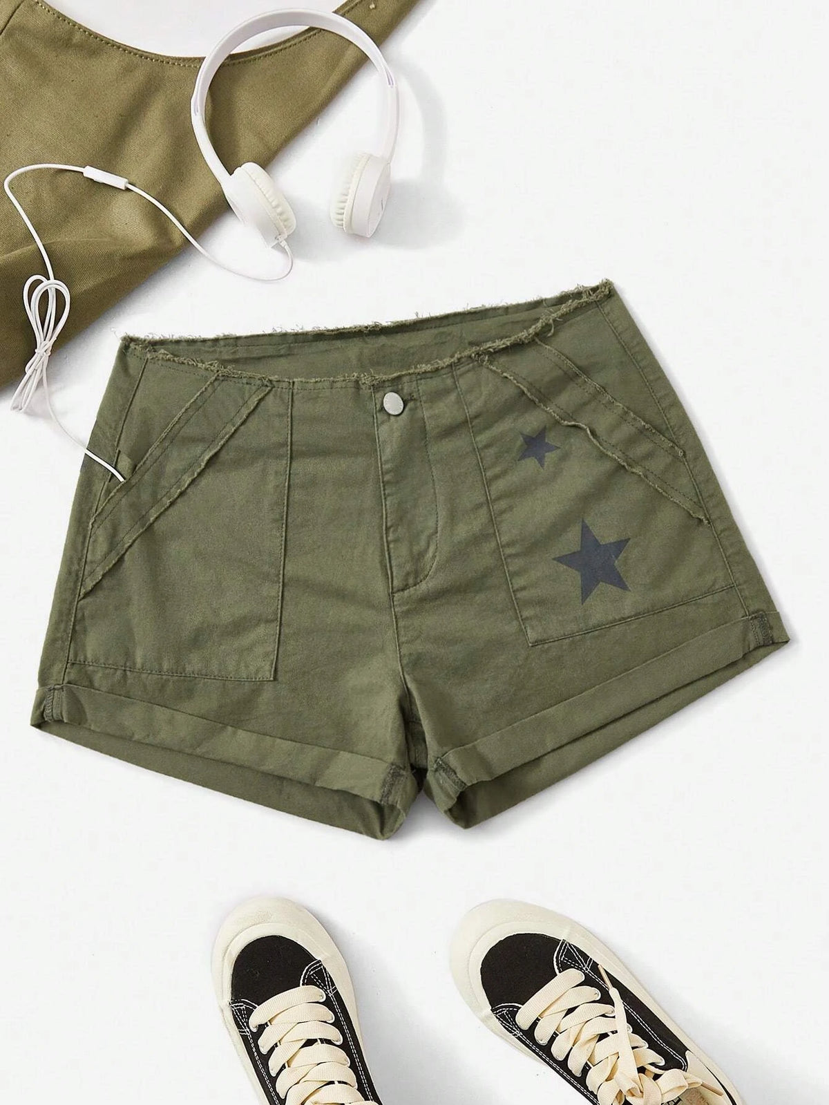 EZwear Star Print Raw Edge Shorts