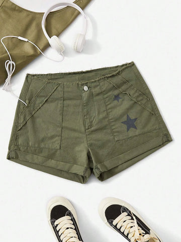 EZwear Star Print Raw Edge Shorts