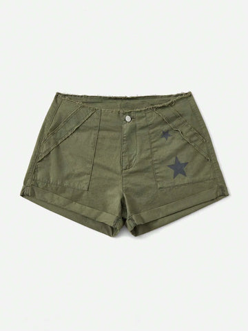 EZwear Star Print Raw Edge Shorts