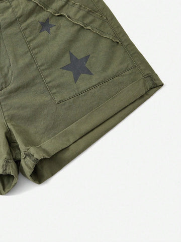 EZwear Star Print Raw Edge Shorts