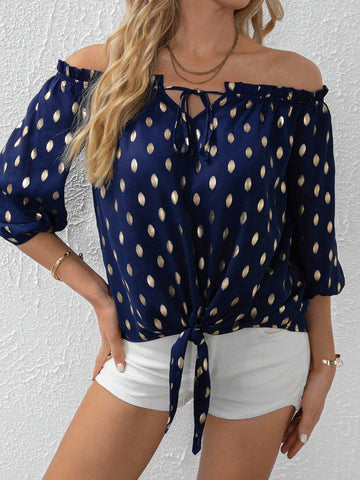 Gold Dot Print Off Shoulder Knot Hem Blouse
