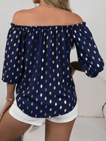 Gold Dot Print Off Shoulder Knot Hem Blouse