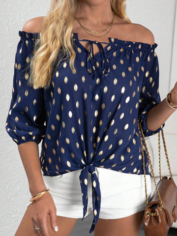 Gold Dot Print Off Shoulder Knot Hem Blouse