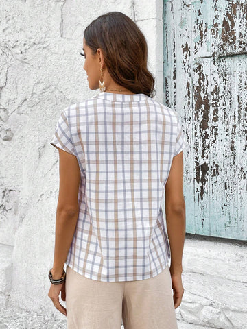 Plaid Print Batwing Sleeve Half Button Blouse