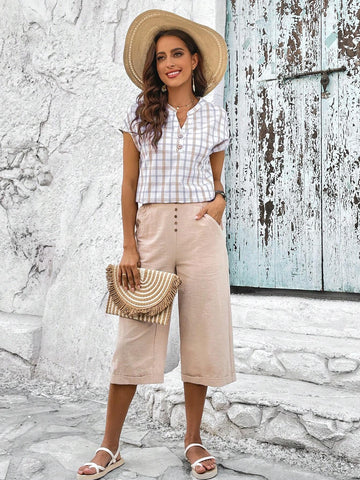 Plaid Print Batwing Sleeve Half Button Blouse