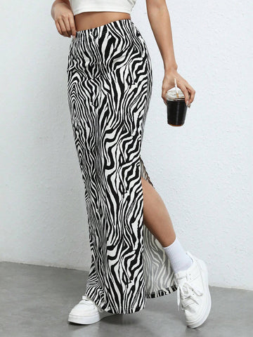 EZwear Zebra Striped Split Thigh Maxi Skirt